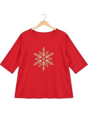 Catherines Festive Christmas Red 3/4 Sleeve Holiday Bling Top 3X plus size comfy